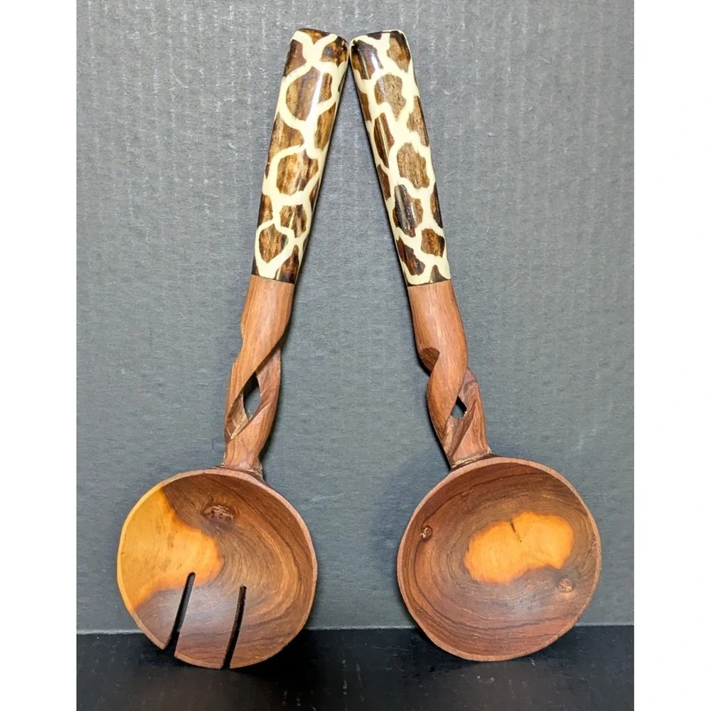 Hand-Carved African Olive Wood Salad Serving Set Giraffe Print Handles